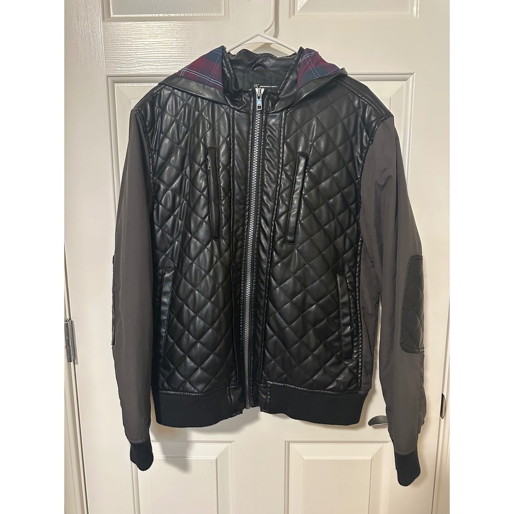 INC Jacket Mens L Black Quilted Faux Leather Hooded Mixed Media Bomber Moto